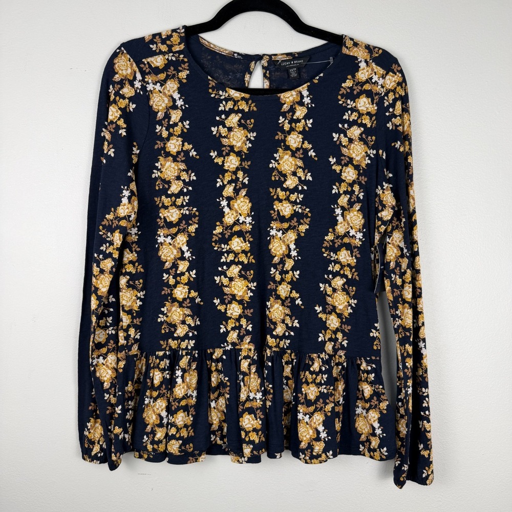 Lucky Brand Peplum Blouse Womens XS Navy Blue‎ Yellow Floral Print Long Sleeve